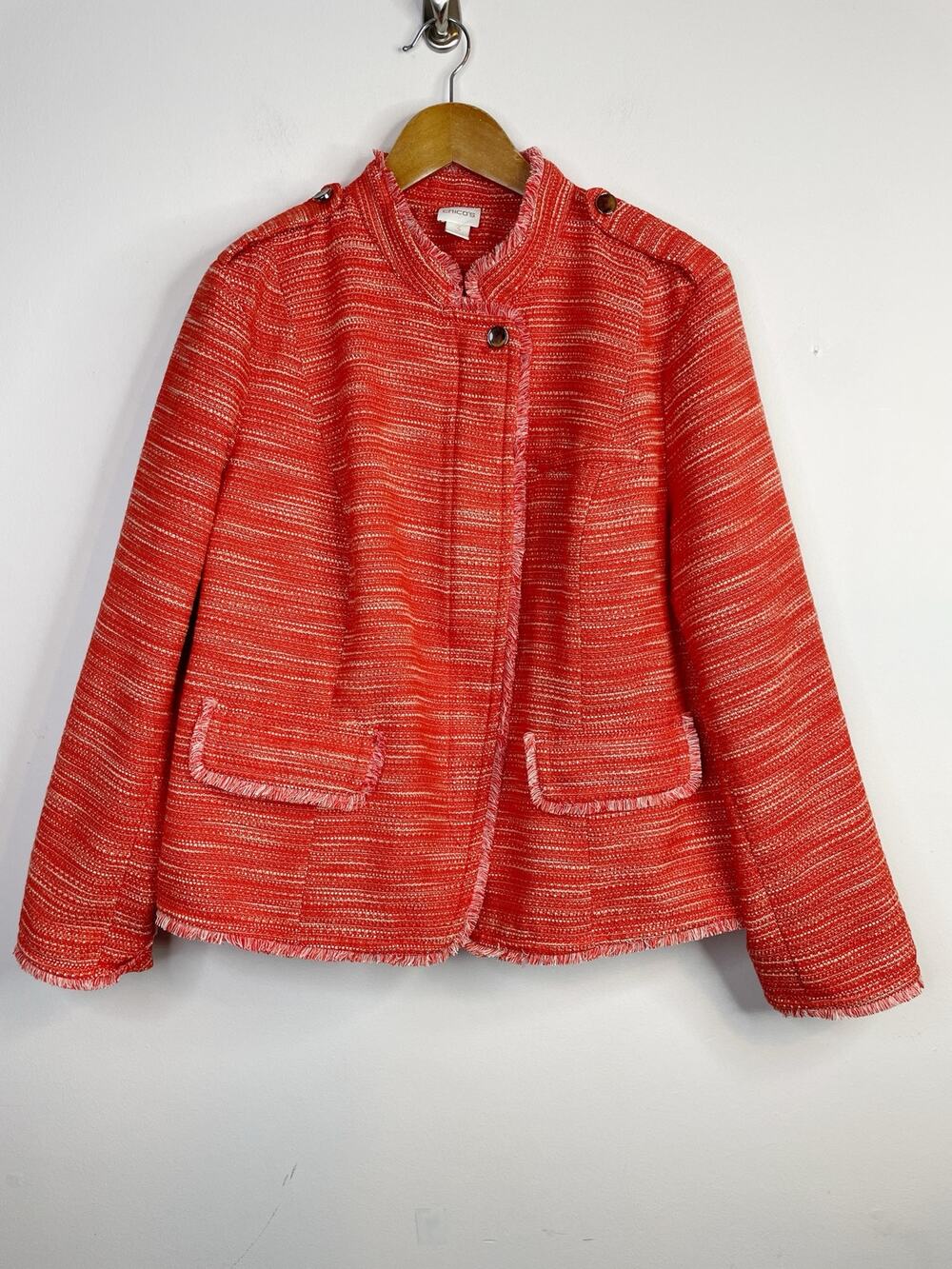 Chicos Orange Woven Textured Fringed Zip Up Jacket Blazer Tweed Military 3 XL